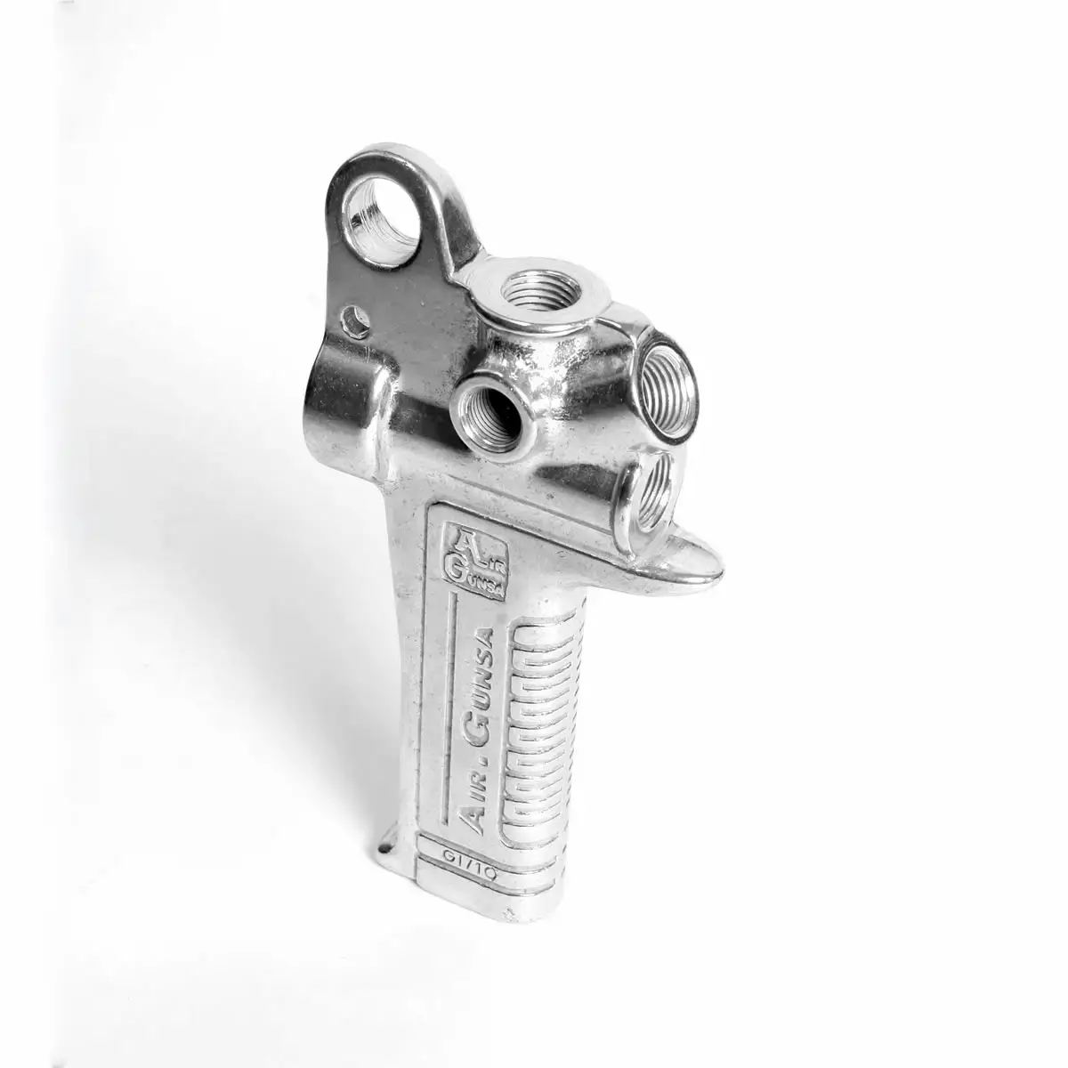 Impugnatura per pistola per verniciatura: fusione in lega di alluminio con sedi filettate e finitura lucida